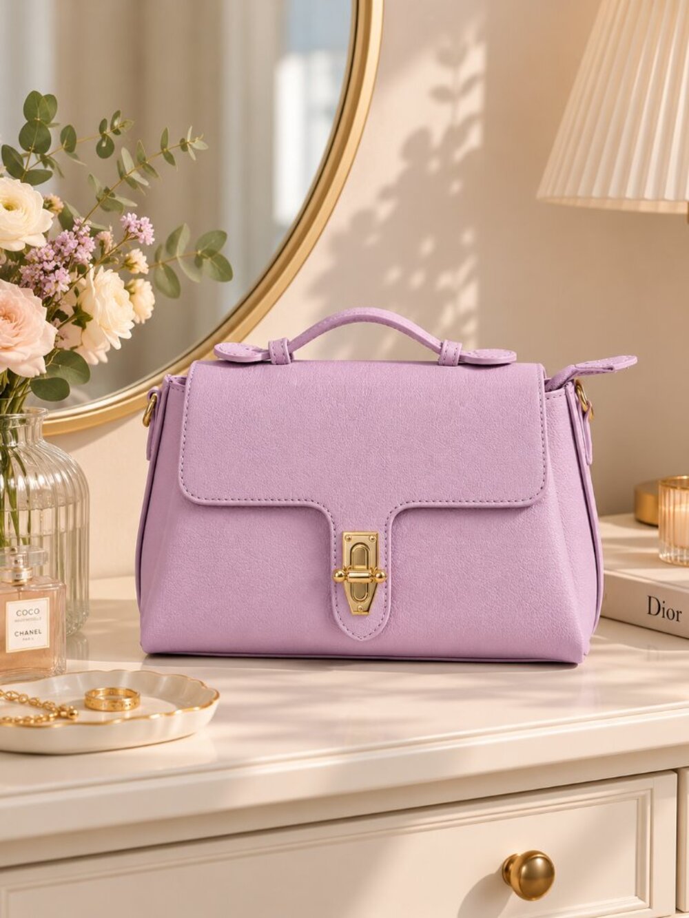 Italian Leather Structured Top Handle Satchel, Pastel Lilac Crossbody Bag